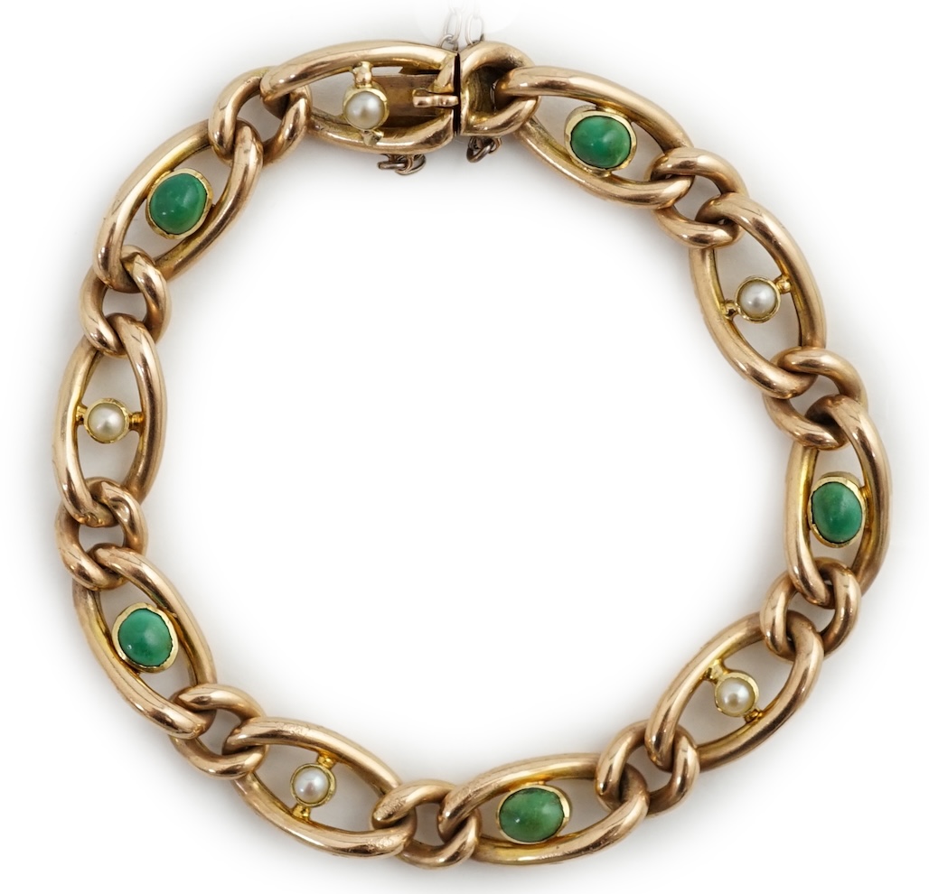 An early 20th century 15ct gold, turquoise and seed pearl set bracelet